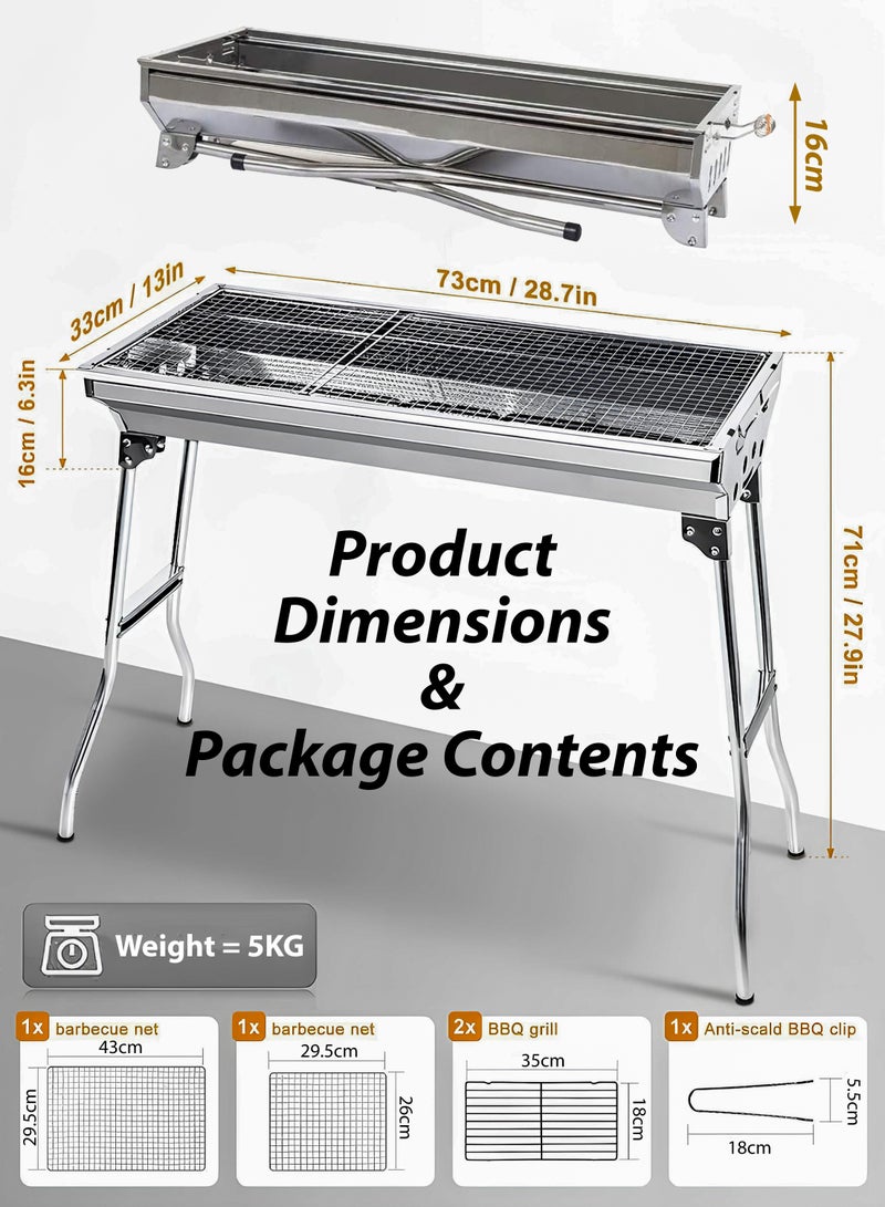 R.VIHAN Large Capacity Foldable Charcoal BBQ Grill 73x33cm Portable Stainless Steel Barbecue Rack with Stand, Anti-Scald Mesh Grill Clip for Camping, Hiking, Picnics, Outdoor Cooking Mutton Kebabs, Chicken Sausage, Beef Boti for 5-15 People - Image 2