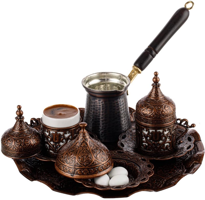 DEMMEX Turkish Greek Arabic Coffee Making and Serving Full Set with Cups Saucers Lids Sugar Bowl Tray and Copper Coffee Pot Hand Decorated with Gold Crystals 12 Pcs