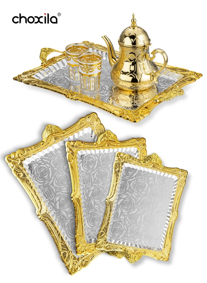 choxila 3pcs/set Gold-trimmed silver tray with handles, rose pattern, serving tray set, hosting platter, bathroom caddy, makeup organizer tray, jewelry dish, for living room, afternoon tea, house parties, hotel use - Image 1