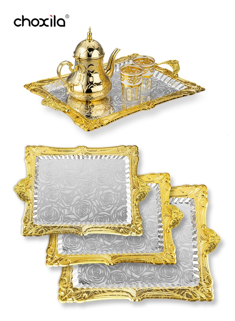 choxila 3pcs/set Gold-trimmed silver tray with handles, rose pattern, serving tray set, hosting platter, bathroom caddy, makeup organizer tray, jewelry dish, for living room, afternoon tea, house parties, hotel use - Image 2