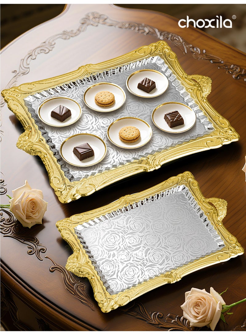choxila 3pcs/set Gold-trimmed silver tray with handles, rose pattern, serving tray set, hosting platter, bathroom caddy, makeup organizer tray, jewelry dish, for living room, afternoon tea, house parties, hotel use - Image 3