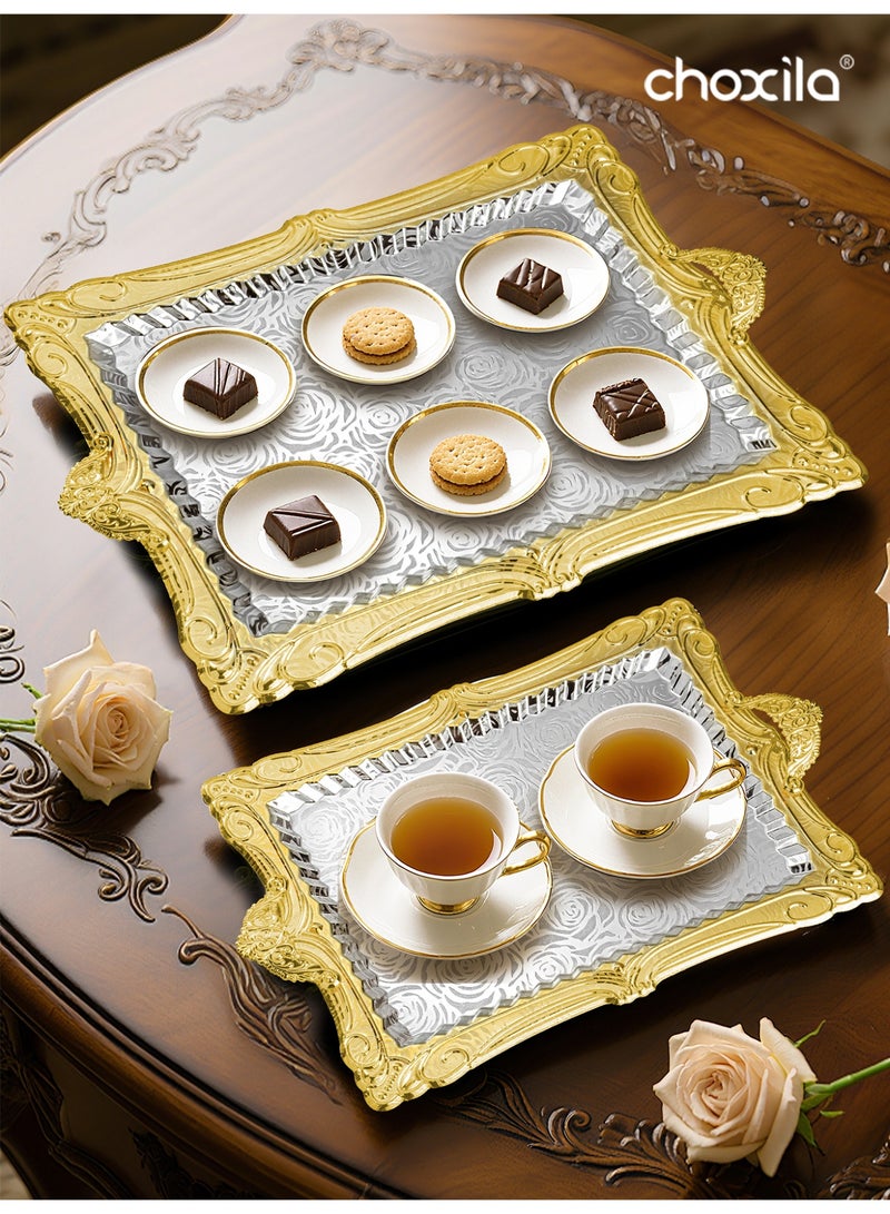 choxila 3pcs/set Gold-trimmed silver tray with handles, rose pattern, serving tray set, hosting platter, bathroom caddy, makeup organizer tray, jewelry dish, for living room, afternoon tea, house parties, hotel use - Image 4