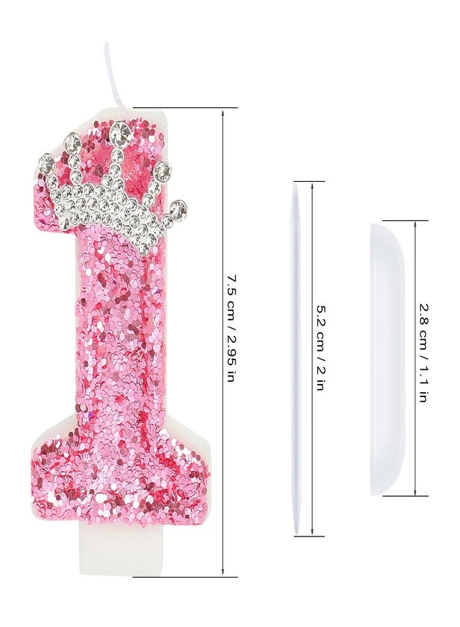 شموع عيد ميلاد أكوريي، شموع عيد ميلاد على شكل تاج وردي لتزيين الكيك، زينة كيك على شكل رقم 1 لامعة مع ترتر للبنات والسيدات، لوازم احتفالات الذكرى السنوية (وردي 1) - Image 5