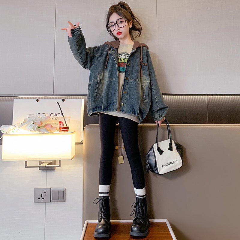 Girls' Denim Coat Autumn Clothing 2023 New Children'S Clothing Korean Style Fashionable Internet Celebrity Casual Hooded - Image 1