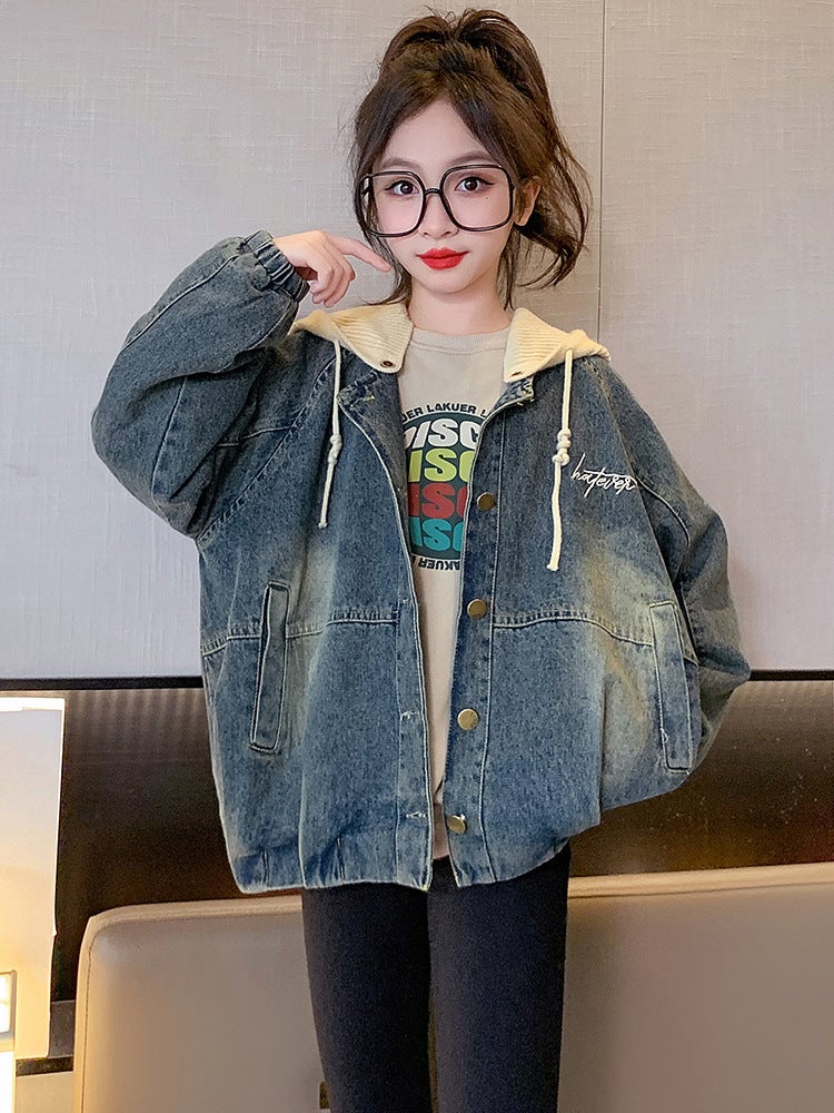 Girls' Denim Coat Autumn Clothing 2023 New Children'S Clothing Korean Style Fashionable Internet Celebrity Casual Hooded - Image 2