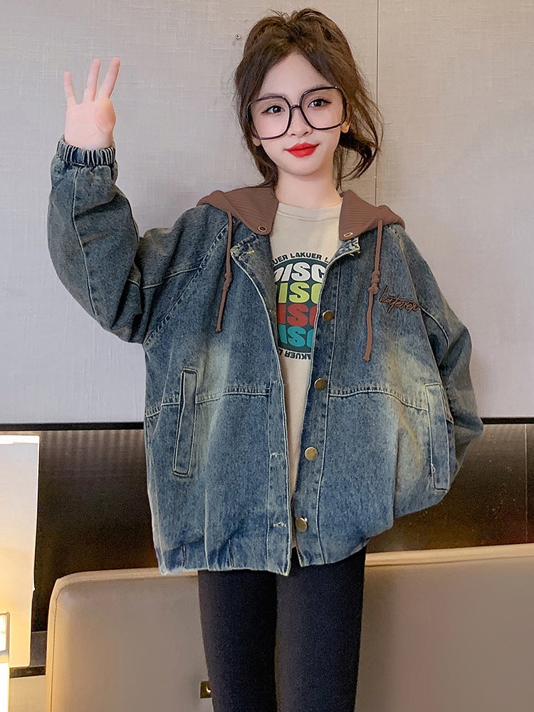 Girls' Denim Coat Autumn Clothing 2023 New Children'S Clothing Korean Style Fashionable Internet Celebrity Casual Hooded - Image 3