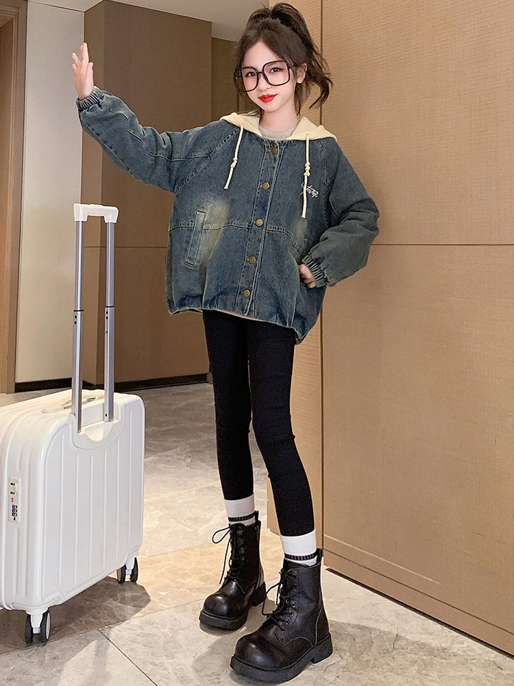 Girls' Denim Coat Autumn Clothing 2023 New Children'S Clothing Korean Style Fashionable Internet Celebrity Casual Hooded - Image 5
