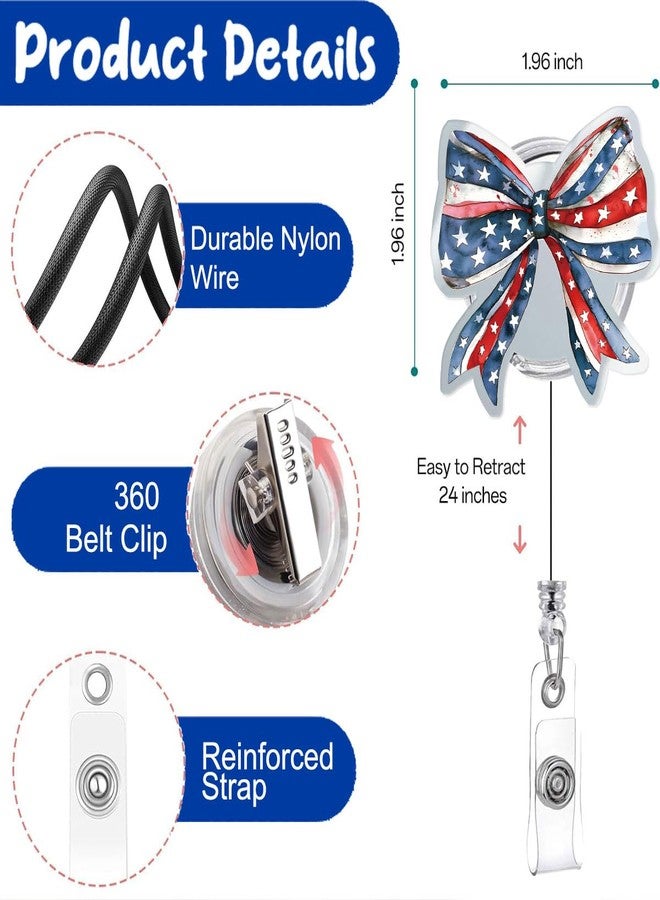 963RW Red Blue Bow Badge Reel, Patriotic ID Retractable Badge Holder with Clip for Medical Worker Nurse Teacher Accessories - Image 2
