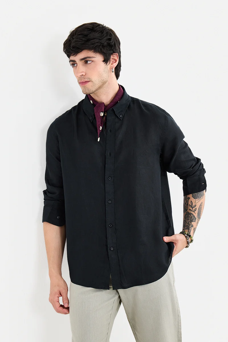 سنيتش Black Solid Long Sleeve Regular Fit Shirt