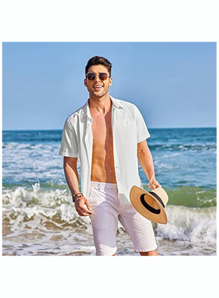Men's Casual Cotton Linen Shirt - Short Sleeve, Lapel Collar, Large Pockets, Lightweight Summer Dress Shirt