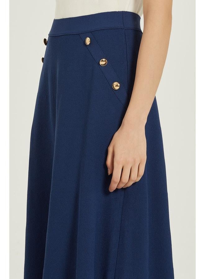 Mısırlı 1951 Navy Blue Checkered Textured Gold Buttoned Midi Skirt. - Image 3