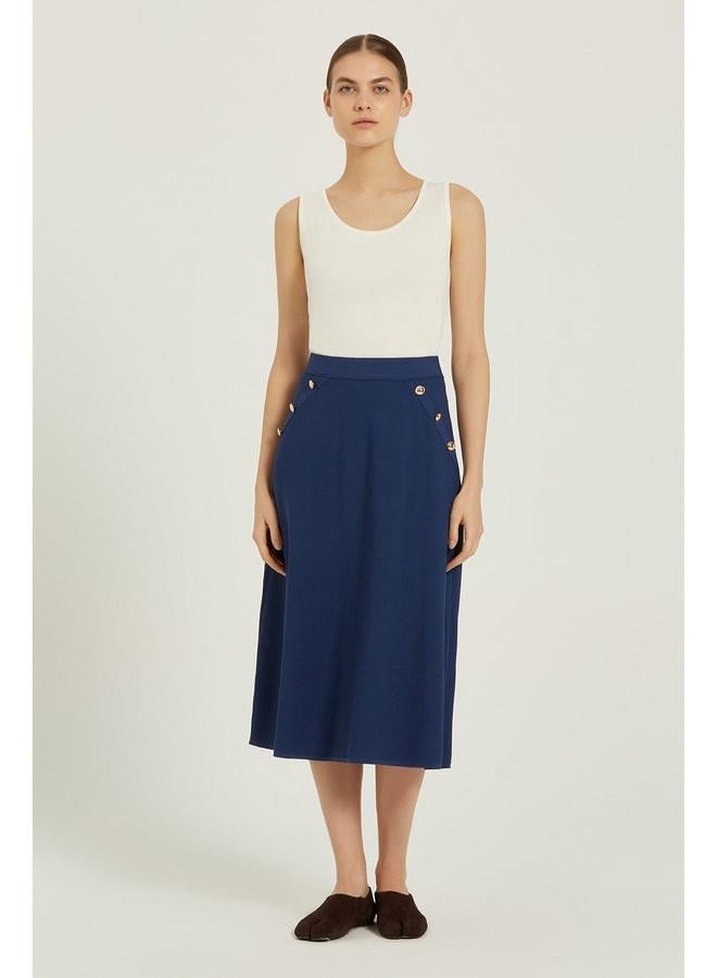 Mısırlı 1951 Navy Blue Checkered Textured Gold Buttoned Midi Skirt. - Image 1