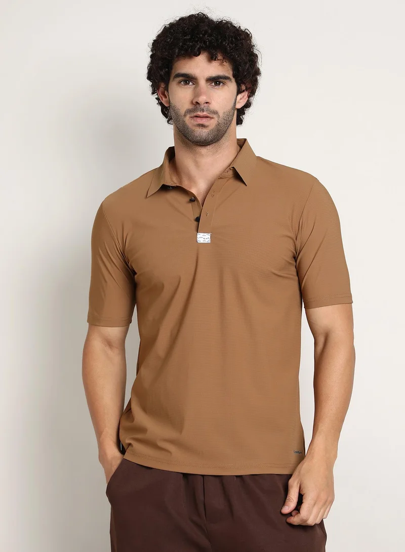 Campus Sutra Men's Tan Brown Seamless Waffle Polo T-Shirt
