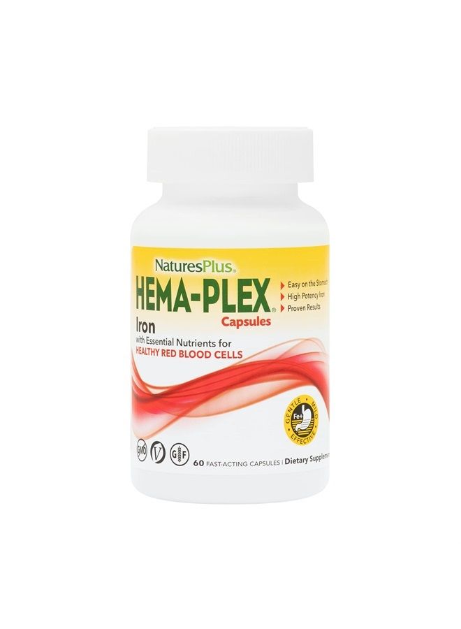 Nature's Plus NaturesPlus Hema-Plex Iron - 60 Fast-Acting Capsules - 85 mg Elemental Iron + Vitamin C & Bioflavonoids for Healthy Red Blood Cells - Vegan, Gluten Free - 30 Servings  - Image 1