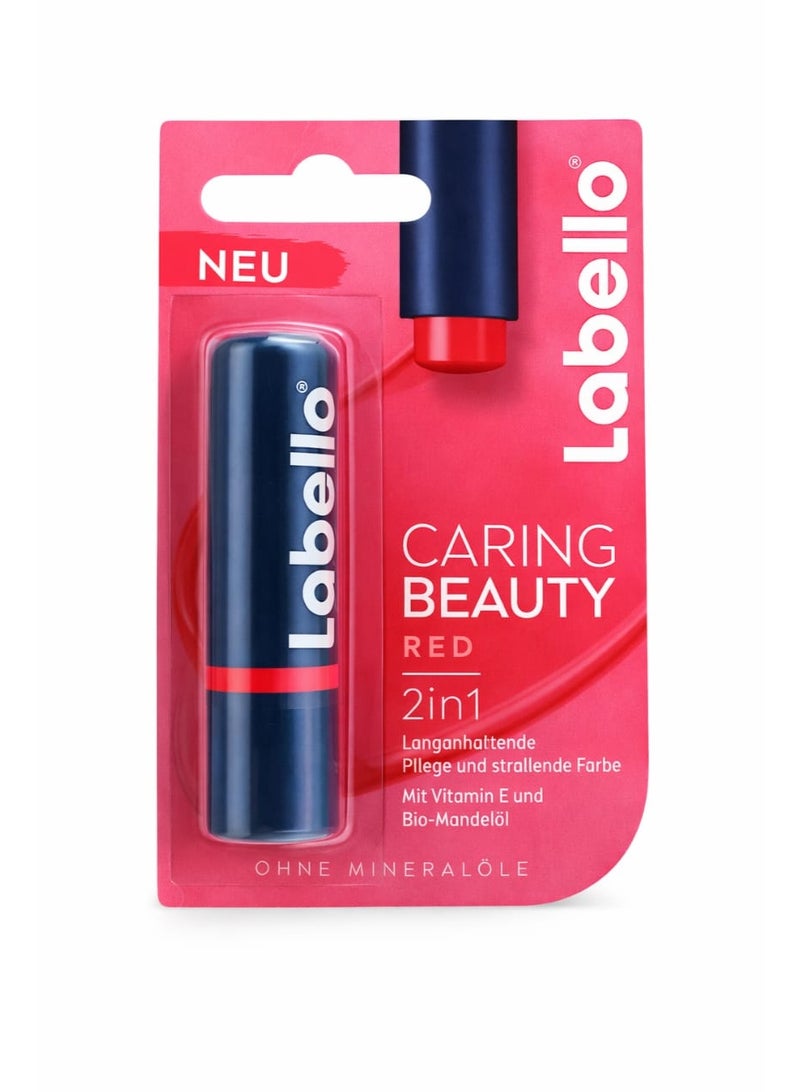 Labello Caring Beauty red 2-in-1 lip balm provides long-lasting hydration with a natural red tint, enriched with Vitamin E and organic almond oil, mineral oil-free, size 4.8g. - Image 1