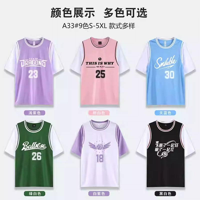 Short-Sleeved Basketball Uniform For Girls, Sports Pink Jersey, Male College Student Fake Two-Piece Class Game Team Uniform With Printing - Image 4