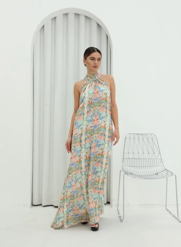 ELVA Elegant Halter Neck Tie-Dye Maxi Dress – White Satin Long Dress with Colorful Print for Formal &amp; Casual Wear