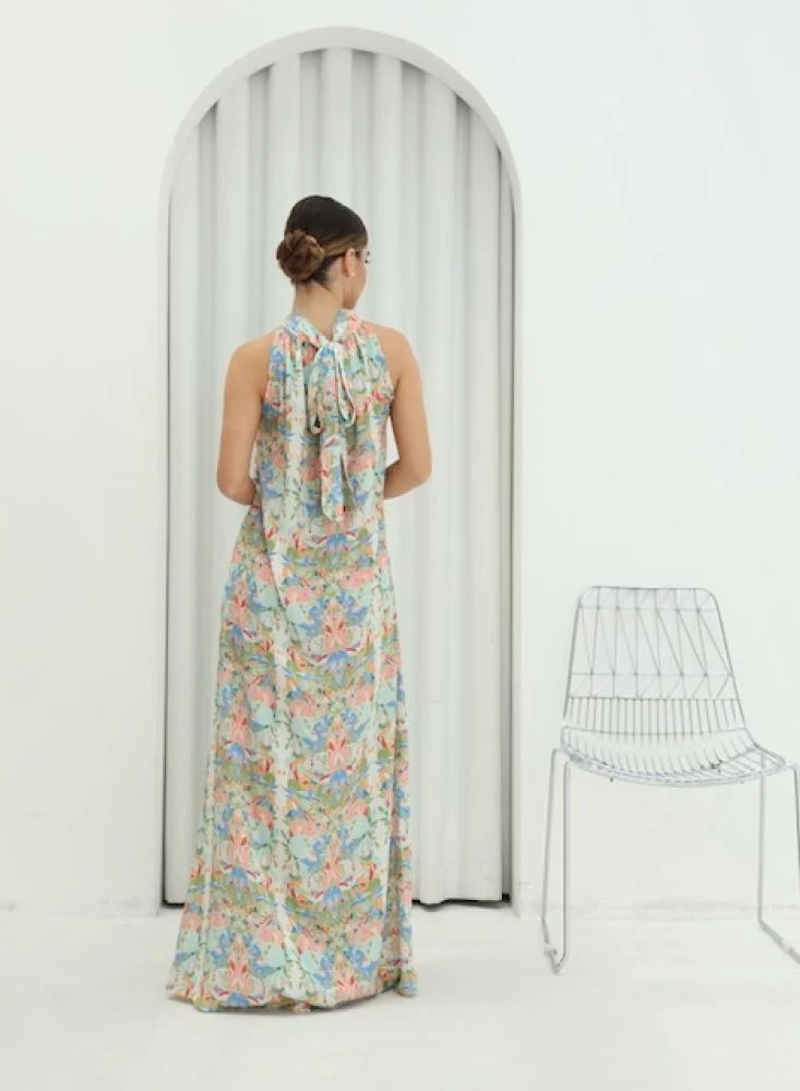 ELVA Elegant Halter Neck Tie-Dye Maxi Dress – White Satin Long Dress with Colorful Print for Formal &amp; Casual Wear