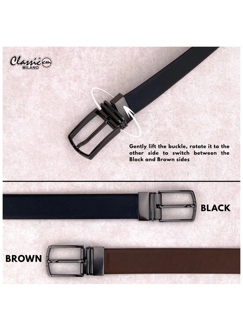 Classic Milano Black Brown (Safiano) Classic Milano Genuine Leather Reversible Belt for Men, Black & Brown Formal Men's Belt for Business or Office Wear, Men's Leather Belt with Gift Box | 2 in 1 Belt (Pack of 1) for Men | Best Price UAE