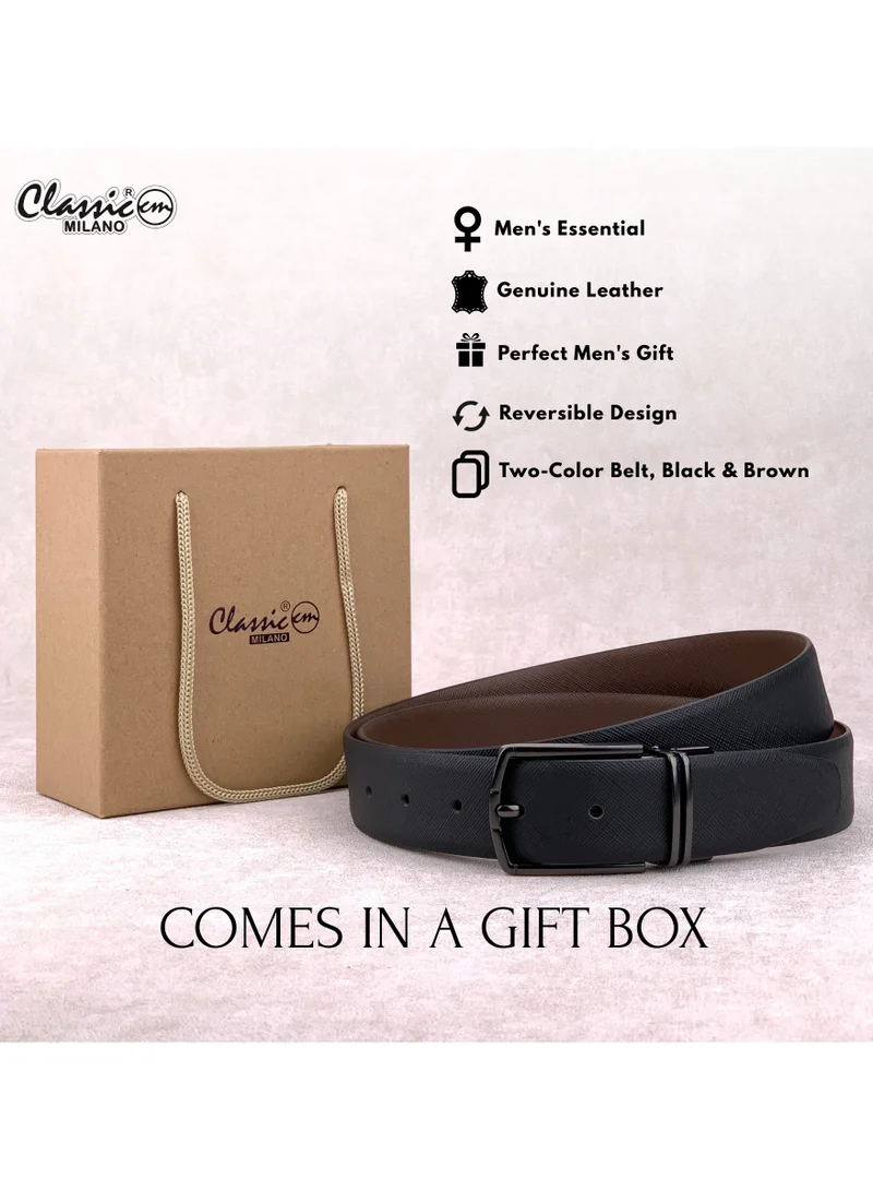Classic Milano Black Brown (Safiano) Classic Milano Genuine Leather Reversible Belt for Men, Black & Brown Formal Men's Belt for Business or Office Wear, Men's Leather Belt with Gift Box | 2 in 1 Belt (Pack of 1) for Men | Best Price UAE