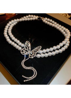 Diamond Butterfly Double-layer Pearl Necklace French Style Light Luxury Simple Pendant Clavicle Chain Commuter Sweet Fashion Necklace