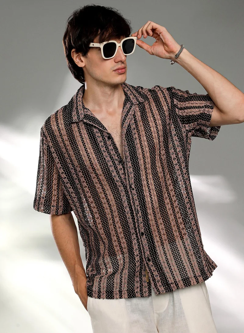 كامبوس سوترا قميص رجالي كبير الحجم منسوج متعدد المسارات باللونين البيج البندقي والأسود منتصف الليل