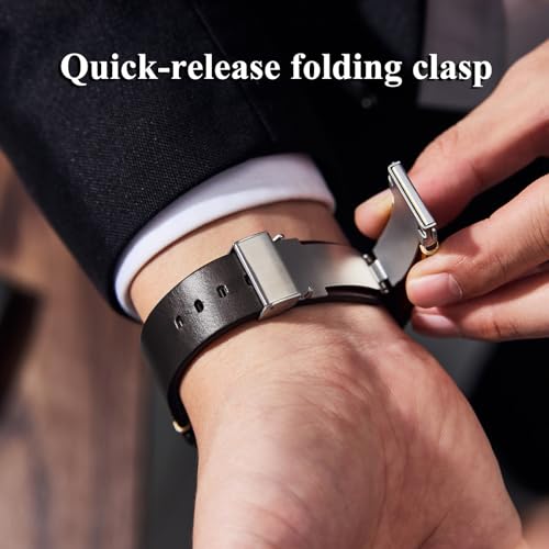 Getalia leather Watch Band Foldover Clasp Retro Oil wax Genuine Leather,18mm 19mm 20mm 21mm 22mm Quick Release Replacement Watch Straps for Men and Women (Black Band Width-18mm) - Image 3