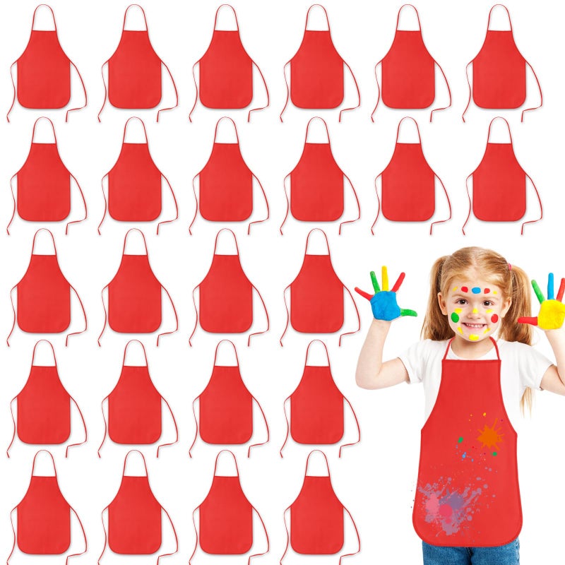KUUQA 24 Pack Kids Art Aprons Bulk Red Children Painting Aprons Art Smocks for Craft Kitchen Classroom Painting Party Supplies - Image 1