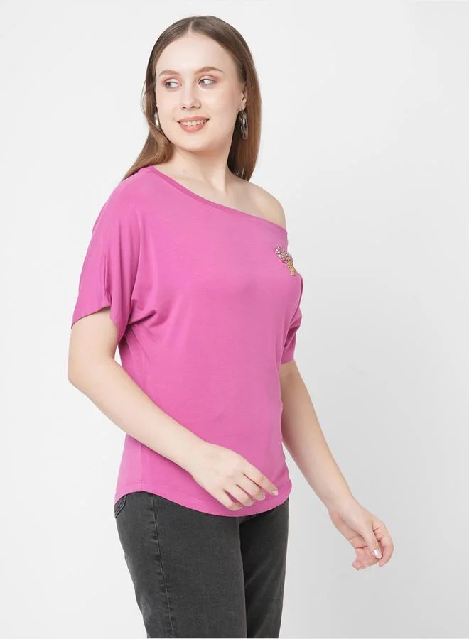 Mish Mish Women Pink Embellished Detail One Side Off-Shoulder T-Shirt