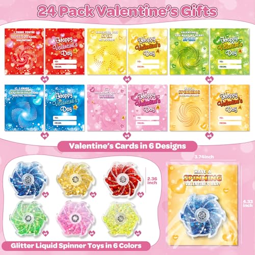 spring flower Valentines Day Gifts Cards for Kids 24 Pack Valentines Greeting Cards with Fluid Glitter Fidget Spinners Toys for Kids School Classroom Exchange Valentines Party Favors Prizes for Boys Girls - Image 5