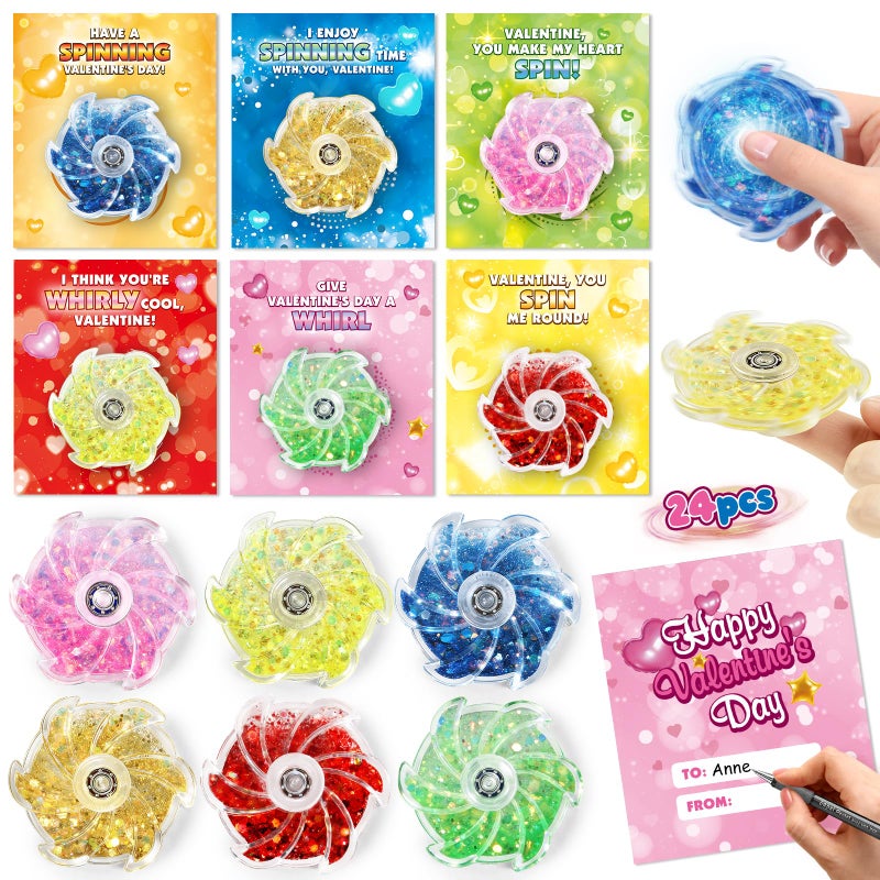 spring flower Valentines Day Gifts Cards for Kids 24 Pack Valentines Greeting Cards with Fluid Glitter Fidget Spinners Toys for Kids School Classroom Exchange Valentines Party Favors Prizes for Boys Girls - Image 3