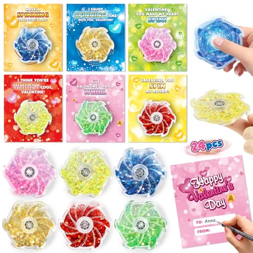 spring flower Valentines Day Gifts Cards for Kids 24 Pack Valentines Greeting Cards with Fluid Glitter Fidget Spinners Toys for Kids School Classroom Exchange Valentines Party Favors Prizes for Boys Girls - Image 1