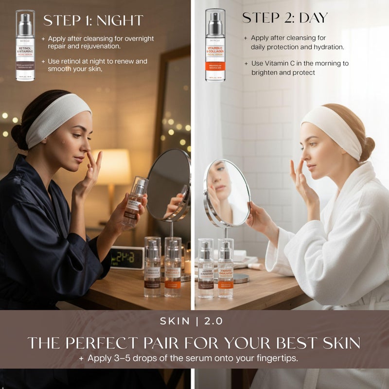 Skin 2.0 Vitamin C & Collagen + Retinol & Vitamin E Facial Serum Set - Dermatologist Tested, Anti-Aging, Dark Spot Remover, Brightening - Cruelty-Free, Clean Beauty, Korean Skincare - 1.69 oz (2-Pack) - Image 4