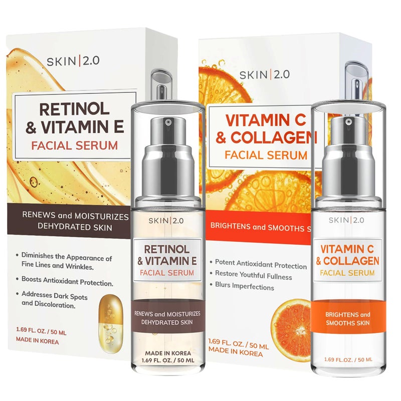 Skin 2.0 Vitamin C & Collagen + Retinol & Vitamin E Facial Serum Set - Dermatologist Tested, Anti-Aging, Dark Spot Remover, Brightening - Cruelty-Free, Clean Beauty, Korean Skincare - 1.69 oz (2-Pack) - Image 1