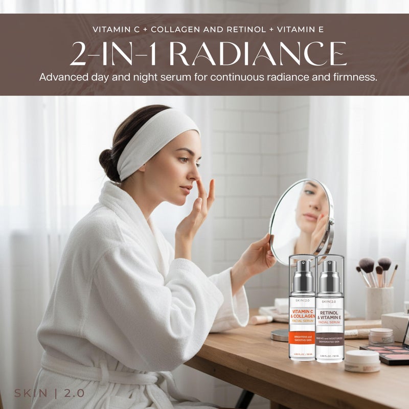 Skin 2.0 Vitamin C & Collagen + Retinol & Vitamin E Facial Serum Set - Dermatologist Tested, Anti-Aging, Dark Spot Remover, Brightening - Cruelty-Free, Clean Beauty, Korean Skincare - 1.69 oz (2-Pack) - Image 2