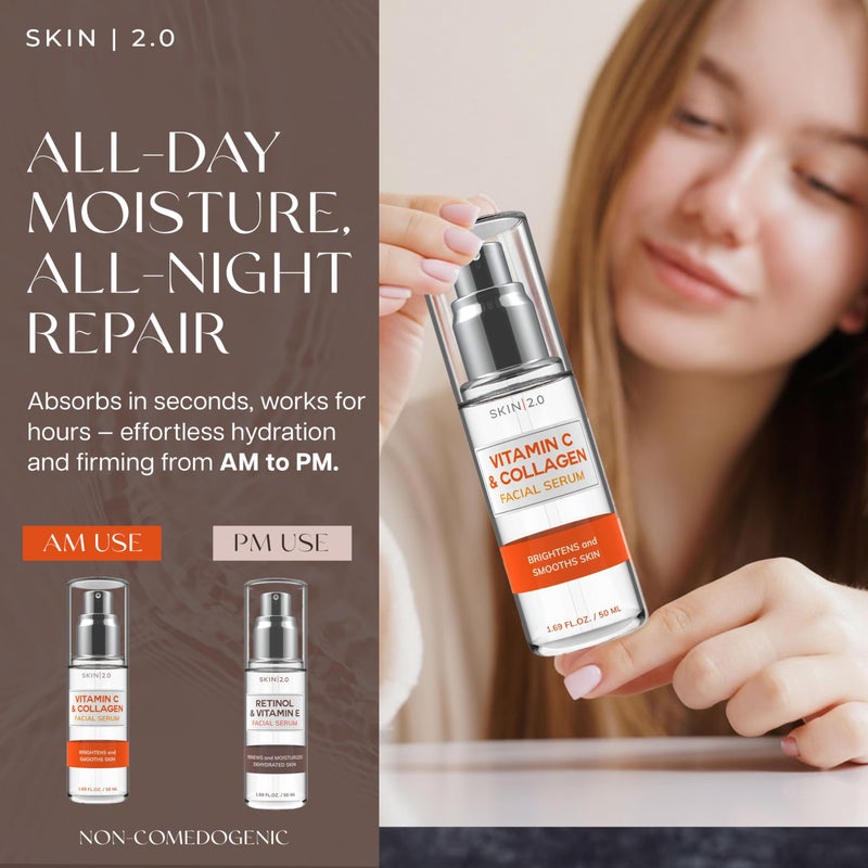 Skin 2.0 Vitamin C & Collagen + Retinol & Vitamin E Facial Serum Set - Dermatologist Tested, Anti-Aging, Dark Spot Remover, Brightening - Cruelty-Free, Clean Beauty, Korean Skincare - 1.69 oz (2-Pack) - Image 3