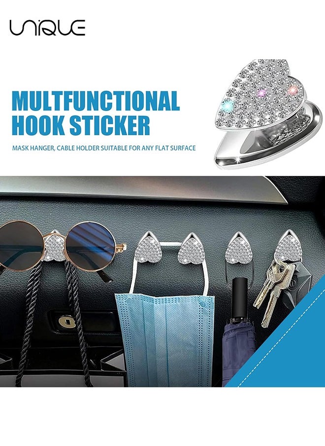 Unique - 4 PCS Bling Car Sticky Hook, Creative Diamond-Encrusted Love Multi-Functional Hanging Storage Hook, Key Mask Handbag Sunglasses Earphone Organizer, Universal Motors Interior Accessory (White) - Image 1