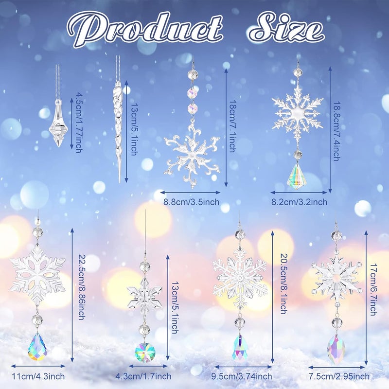 Queekay 24 Pcs Crystal Christmas Ornaments for Christmas Tree Acrylic Christmas Snowflake Decorations Snowflake Icicle Drop Ornaments Set with Silver Rope for Xmas Christmas Tree Hanging Winter Party - Image 2