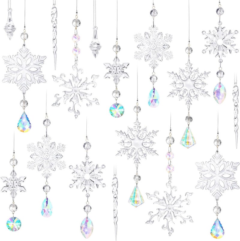 Queekay 24 Pcs Crystal Christmas Ornaments for Christmas Tree Acrylic Christmas Snowflake Decorations Snowflake Icicle Drop Ornaments Set with Silver Rope for Xmas Christmas Tree Hanging Winter Party - Image 1