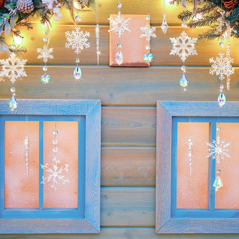 Queekay 24 Pcs Crystal Christmas Ornaments for Christmas Tree Acrylic Christmas Snowflake Decorations Snowflake Icicle Drop Ornaments Set with Silver Rope for Xmas Christmas Tree Hanging Winter Party - Image 4