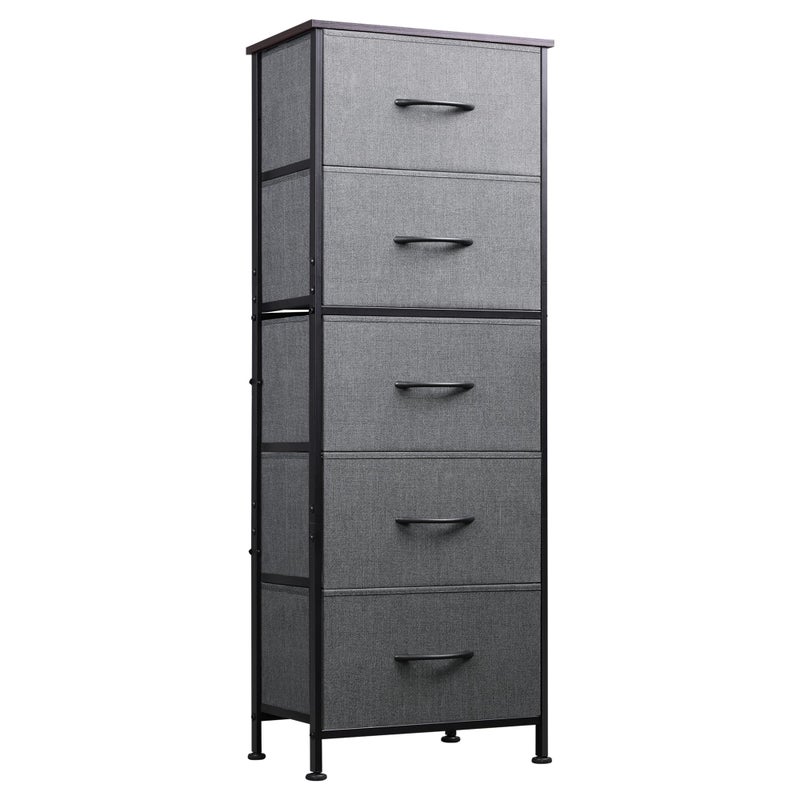 WLIVE Fabric Dresser 5Drawer Tall Dresser for Bedroom Storage Dresser Organizer with Fabric Bins Wood Top Sturdy Steel Frame Chest of Drawers for Closet Hallway Dark Grey