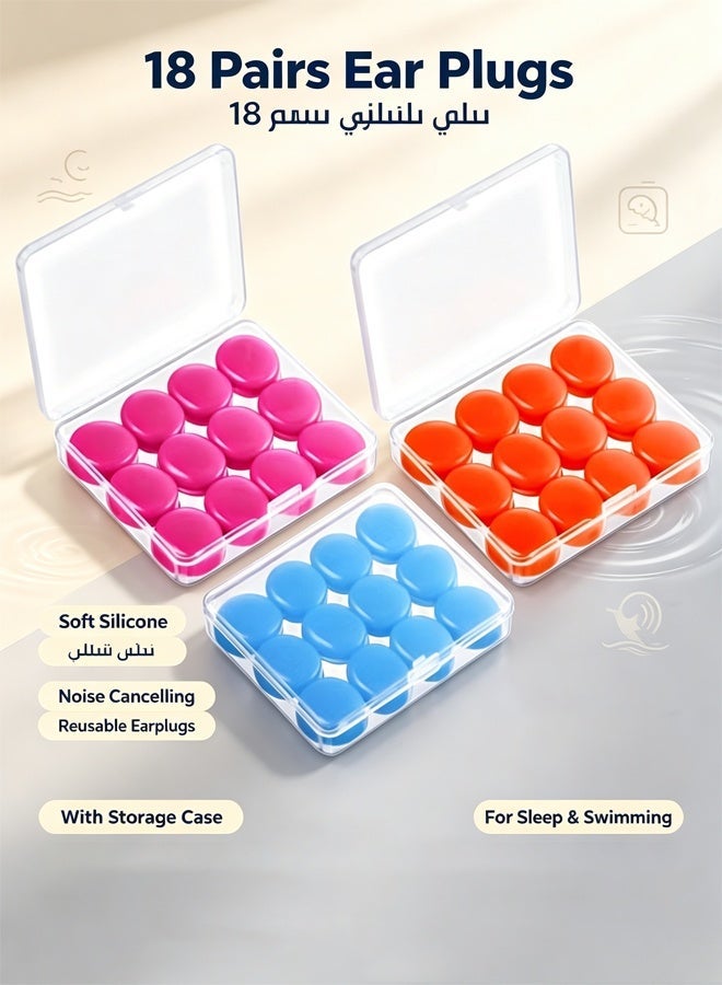 Bukela 18 Pairs Ear Plugs for Sleeping Soft Reusable Sleep Earplugs, Moldable Silicone Earplugs, Noise Cancelling Earplugs, Sound Blocking Ear Plugs with Case for Swimming (Blue, Orange, Red) - Image 1