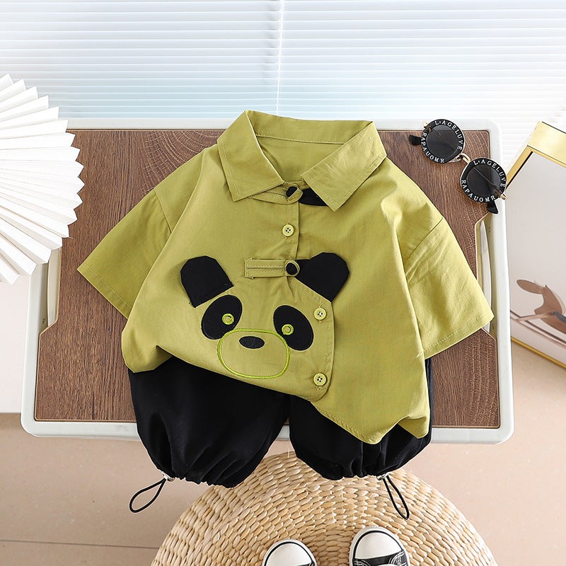Boys T-shirt Short Sleeve Set Summer 2023 Cute Two-Piece Kids Outfit Short Sleeve Chinese Style Panda Shirt suit