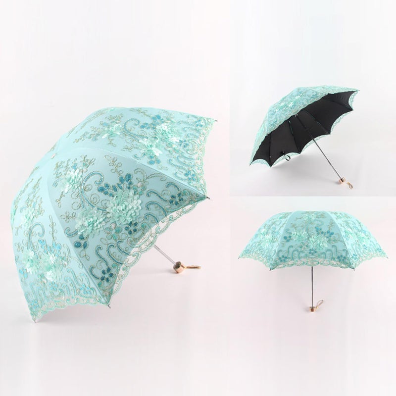 ShaqMars lace parasol umbrella Folding Anti-uv Sunshade Vintage Embroidered Sun Protection (Green) - Image 2