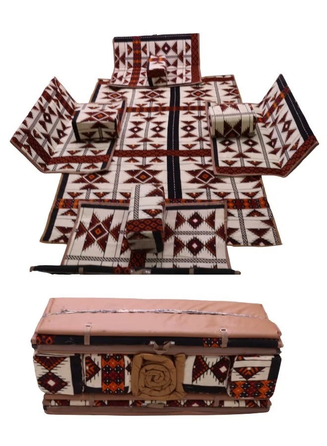 كادي ون مجموعة جلوس أرضية تراثية مكونة من 9 قطع مناسبة للسفر والرحلات البرية والحديقة , طقم فرشة تخييم ارضية مع اربع مراكى و 4 كراسي وبساط من القماش عالي الجودة يكفي ل 8 أشخاص - Image 1