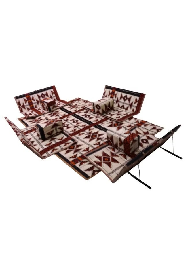 كادي ون مجموعة جلوس أرضية تراثية مكونة من 9 قطع مناسبة للسفر والرحلات البرية والحديقة , طقم فرشة تخييم ارضية مع اربع مراكى و 4 كراسي وبساط من القماش عالي الجودة يكفي ل 8 أشخاص - Image 3