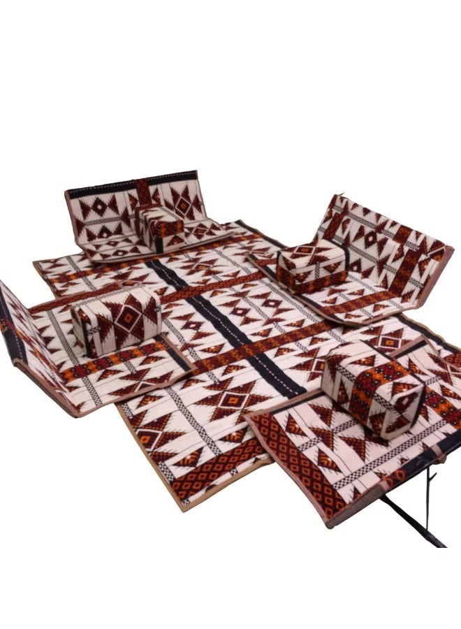 كادي ون مجموعة جلوس أرضية تراثية مكونة من 9 قطع مناسبة للسفر والرحلات البرية والحديقة , طقم فرشة تخييم ارضية مع اربع مراكى و 4 كراسي وبساط من القماش عالي الجودة يكفي ل 8 أشخاص - Image 4