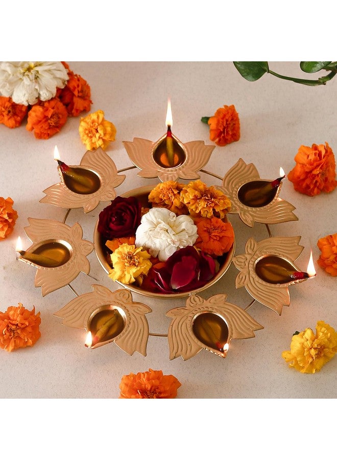 Klassic Unique and Antique 7 Lotus Diya Shape Urli Bowl | Metal, Perfect for Home Decor and a Unique Gift for Diwali, Housewarming, and Festive Celebrations (Golden, Pack of 1) - Image 1