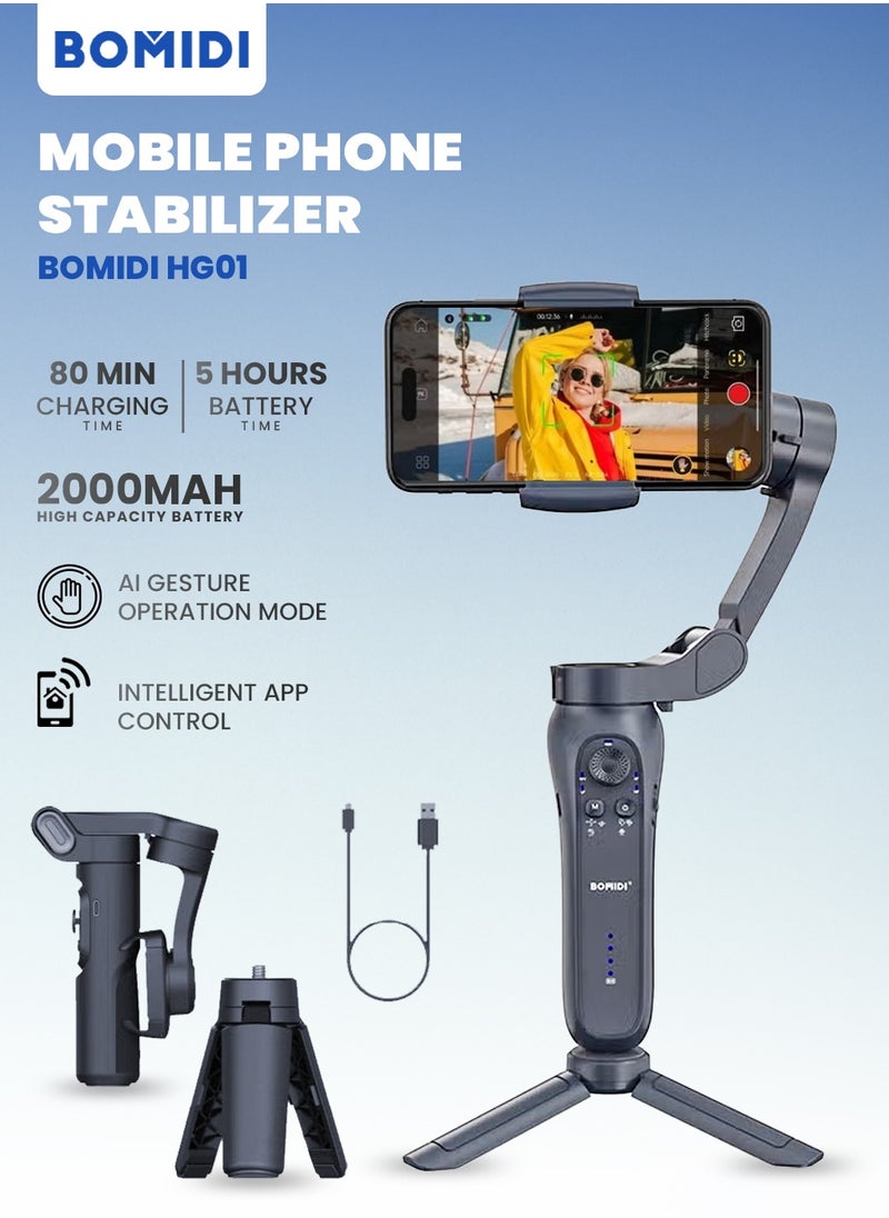 BOMIDI - BOMIDI HG01 Handheld Mobile Phone Stabilizer,3 Axis Stabilization,Lightweight Design, Adjustable Settings,App Control and AI Gesture Operation - Black - Image 1