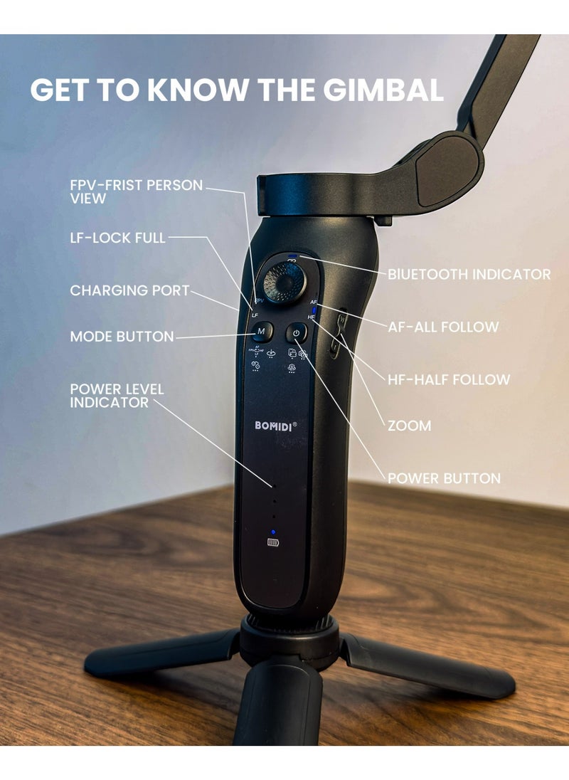 BOMIDI Smartphone Gimbal Stabilizer, 3-Axis Phone Gimbal, Android and iPhone Gimbal, Lightweight Design, Vlogging Stabilizer, Ideal for Vlogging, YouTube, TikTok and Vlog Live for Android and iOS  - Image 5